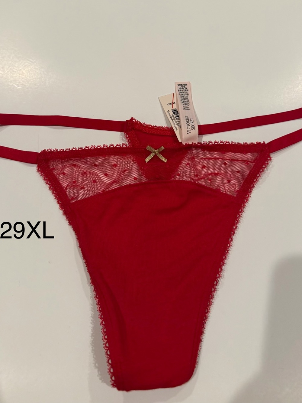 Victoria's Secret Red Sheer Mesh Thong with Gold Bow
